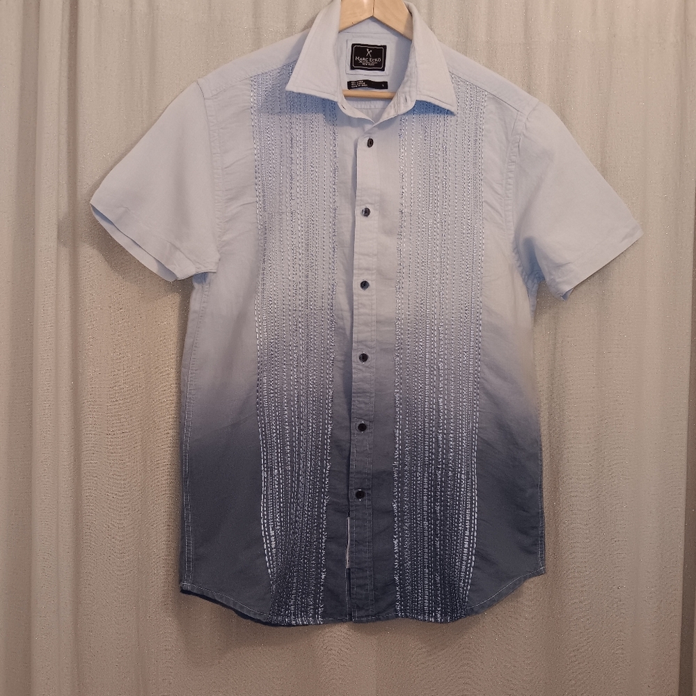 MARK ECKO NO.72 NEW YORK Blue Ombre Embroidered Casual Linen Shirt Mens SZ L